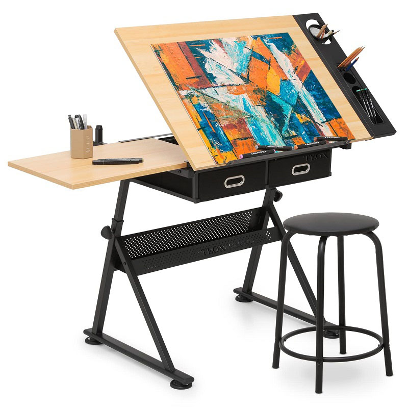 Masa de desen cu scaun, pictura, reglabila, metal, lemn, 2 sertare, Teox
