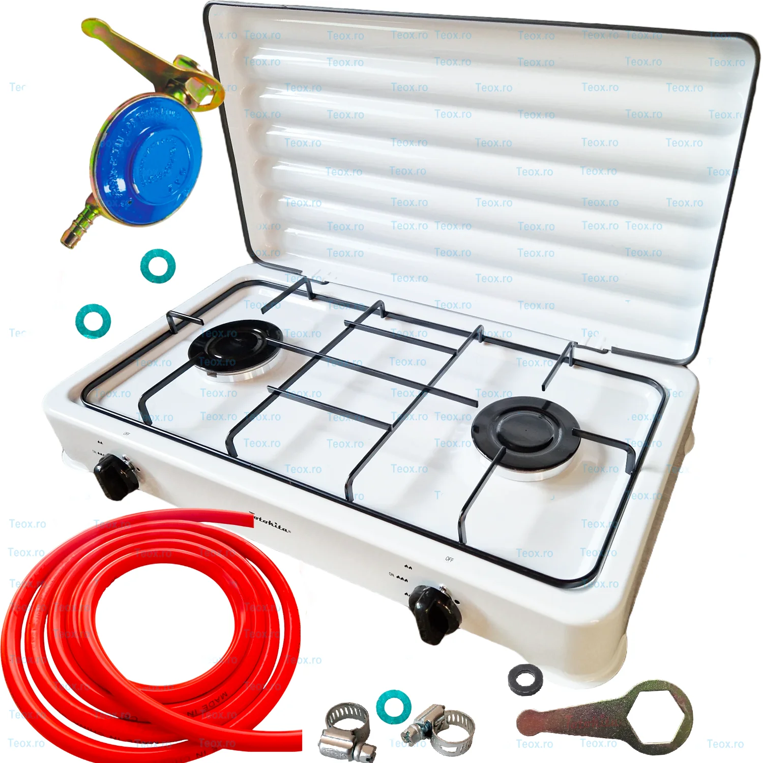 Aragaz 2 Ochiuri Alb Set, Ceas, Furtun butelie, Gpl, Gaz, Coliere
