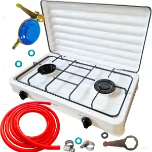 Aragaz 2 Ochiuri Alb Set, Ceas, Furtun butelie, Gpl, Gaz, Coliere