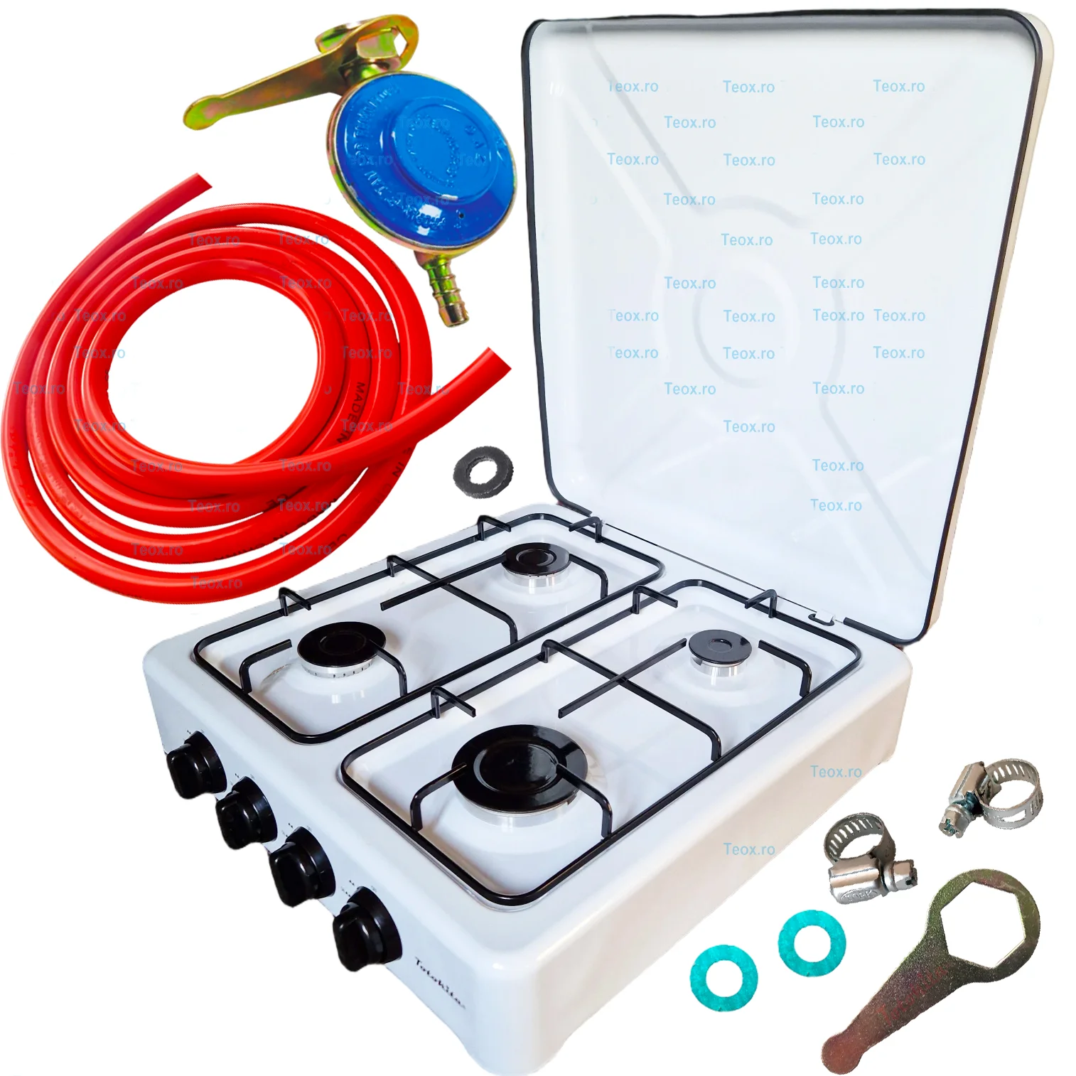 Aragaz-4-Ochiuri-Alb-6-2kw-Set-Ceas-Furtun-Gpl-GaZ-Coliere-butelie