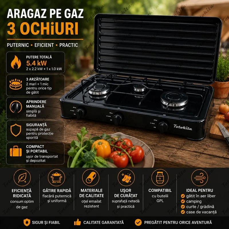 Aragaz Butelie 3 Ochiuri Set Complet Furtun Negru Totokita (4) Aragaz Butelie 3 Ochiuri Totokita Set complet
