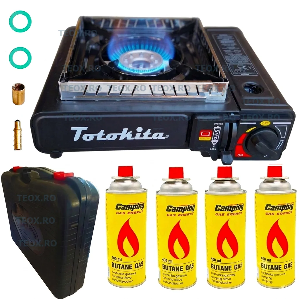 Aragaz Camping portabil cu Protectie vant 4 butelii Incluse Alimentare Duală, Totokita Aragaz Camping portabil cu Protectie vant 4 butelii