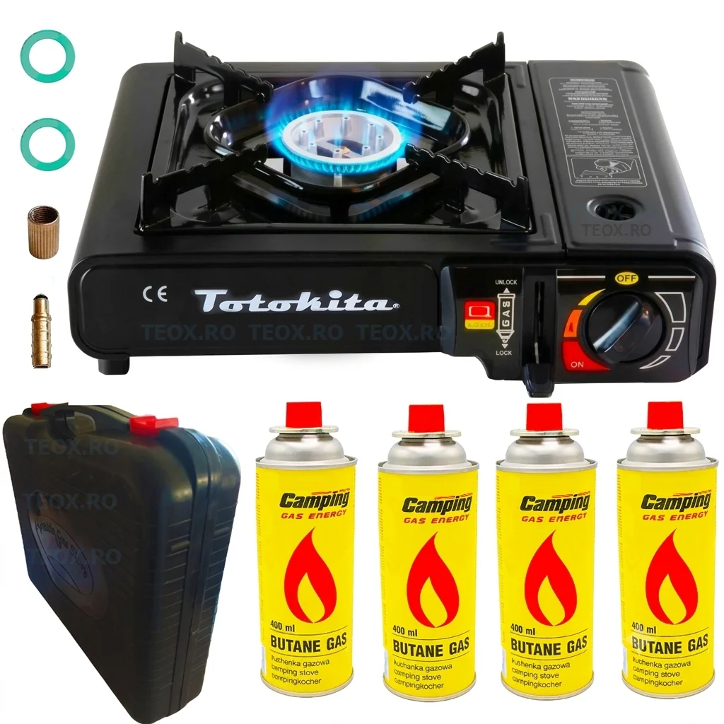 Aragaz Camping Portabil Dubla Alimentare 4 Butelii Gaz Incluse Aprindere Piezo Totokita Set Complet (3) Aragaz Camping portabil Totokita