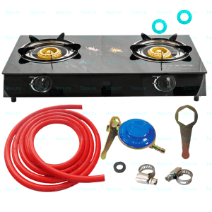 Aragaz Sticla 2 Ochiuri, Ceas,Furtun Gaz Coliere Set Complet