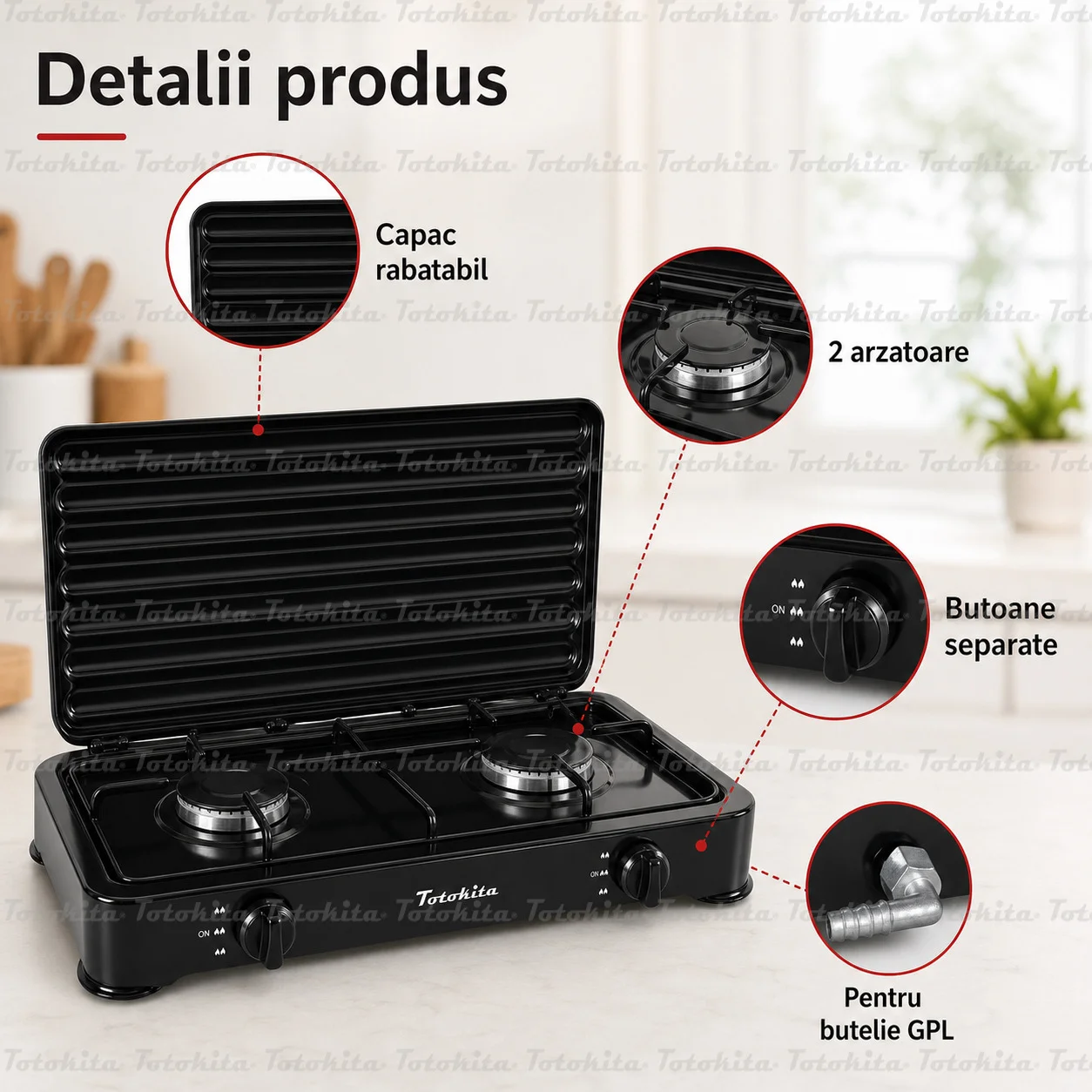Aragaz cu 2 ochiuri plita masa putere 4.4kW emailat negru (5) Aragaz cu 2 ochiuri plita masa negru totokita