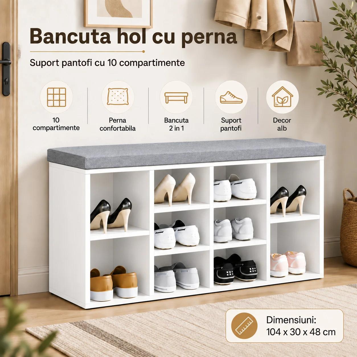 Bancuta hol cu perna suport pantofi pantofar 10 compartimente, 104x30x48 cm alb Teox (2) Bancuta hol cu perna suport pantofi