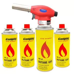 Set Cap arzator cu 4 Rezerve Portabil Gaz Butan 227g Rosu
