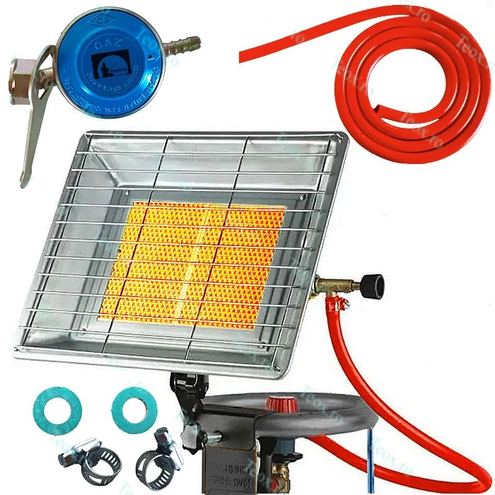 Set incalzitor gaz cu suport, arzator butelie, radiator, ceramic, 3000 W, ceas butelie, furtun gaz, accesorii
