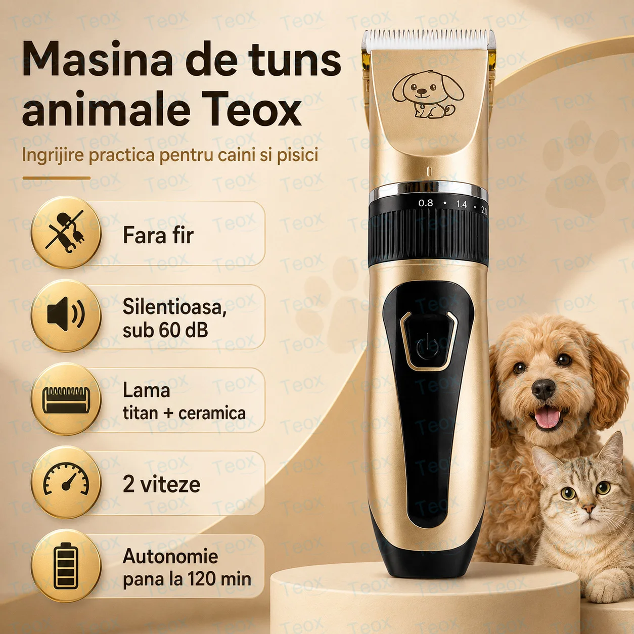 Mașina de Tuns Caini și Bisoni Profesionista Lame Titan Ceramică și Autonomie 120 minute (10)