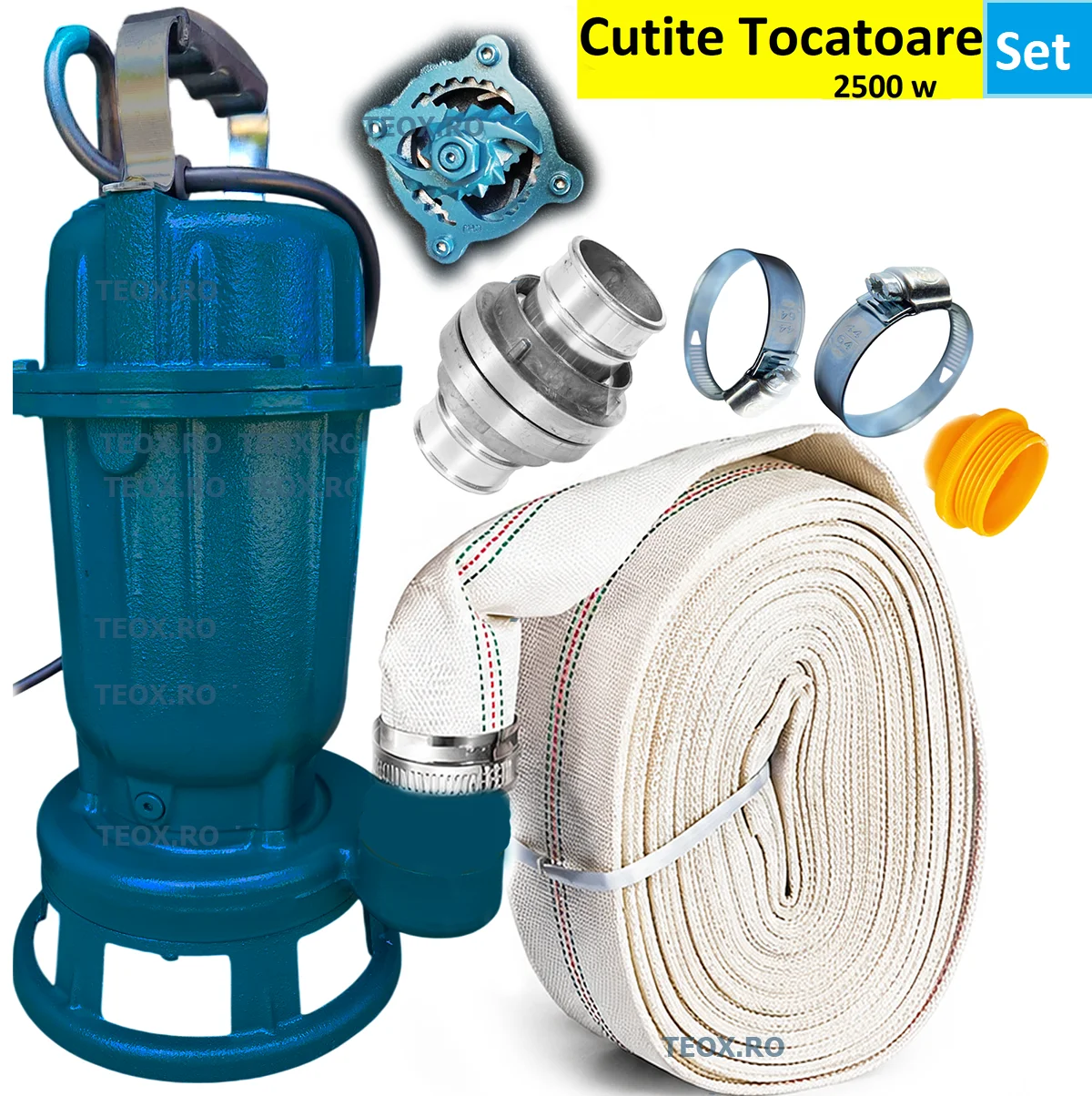 Pompa Apa Murdara WC Fosa Hazna Cu Cutite Tocatoare 20m Furtun pompieri 2 toli (1) Pompa Apa Murdara WC Fosa Hazna set complet