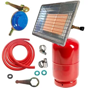 Set incalzitor gaz cu suport, arzator butelie, radiator, ceramic, 3000 W, ceas butelie, furtun gaz, accesorii