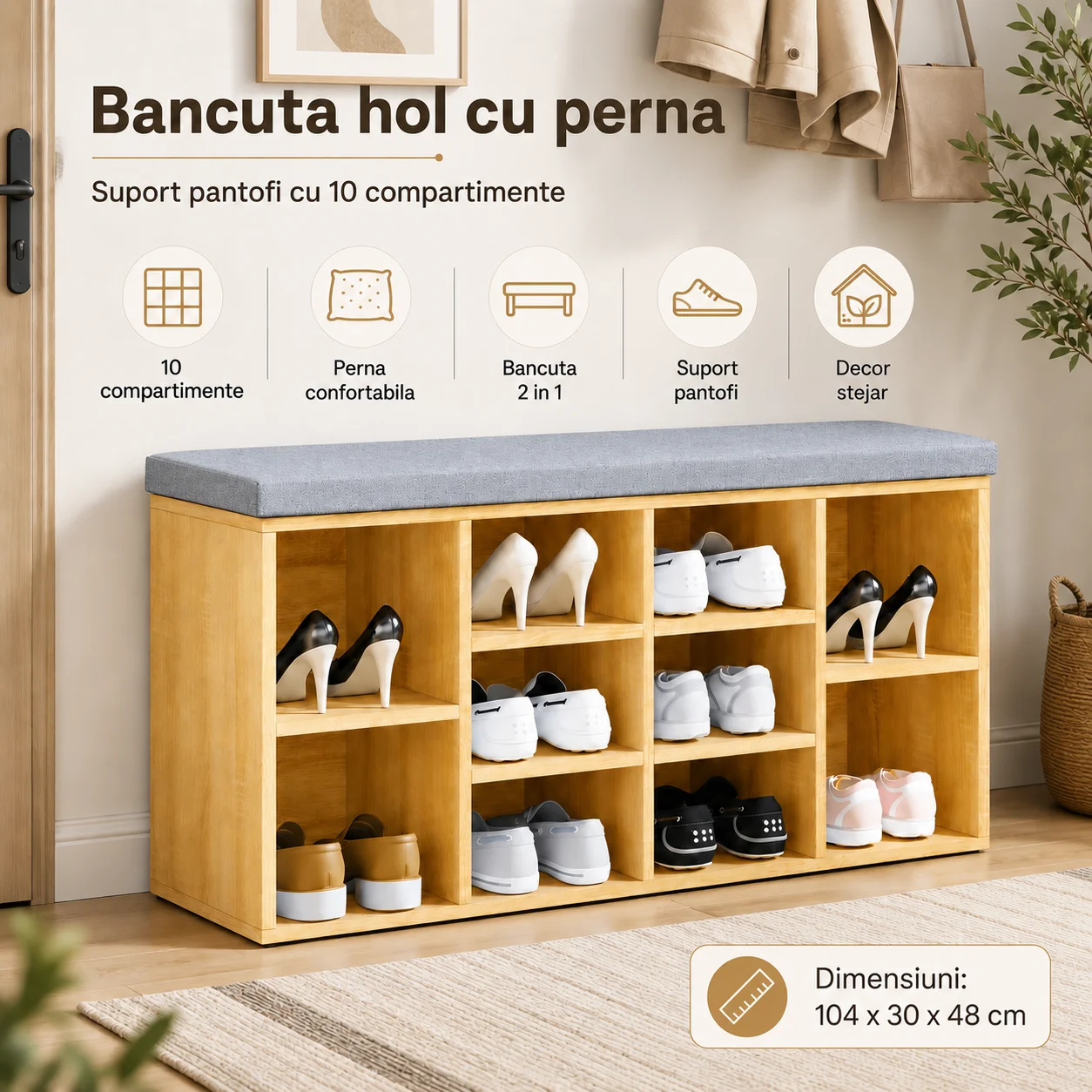 bancuta hol cu perna suport pantofi pantofar 10 comp stejar teox (6) bancuta hol cu perna suport pantofi