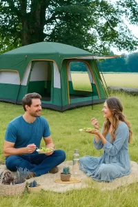 Cort camping 4 persoane 320 x 220 cm 2 Camere verde albastru portocaliu Totokita