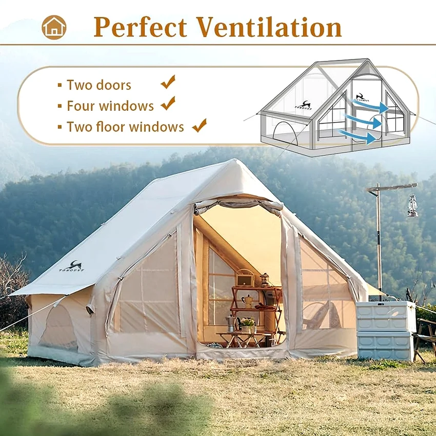 Cort gonflabil 4-6 persoane 6 mp 4 anotimpuri camping -galmpin-familie (1) Cort-gonflabil-4-6-persoane-6-mp-4-anotimpuri-camping-galmpin-familie-culoare bej, dimensiuni 3 x 2 m cu pompa inclusa usor de transportat