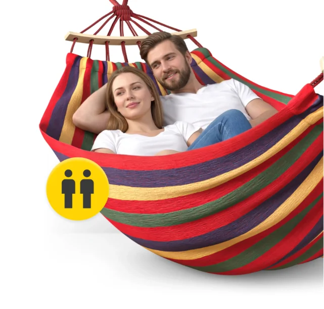 Hamac 2 Persoane cu Bare din Lemn 260 x 150 cm Suporta 200 kg Rosu Galben (12) Hamac 2 Persoane cu Bare din Lemn