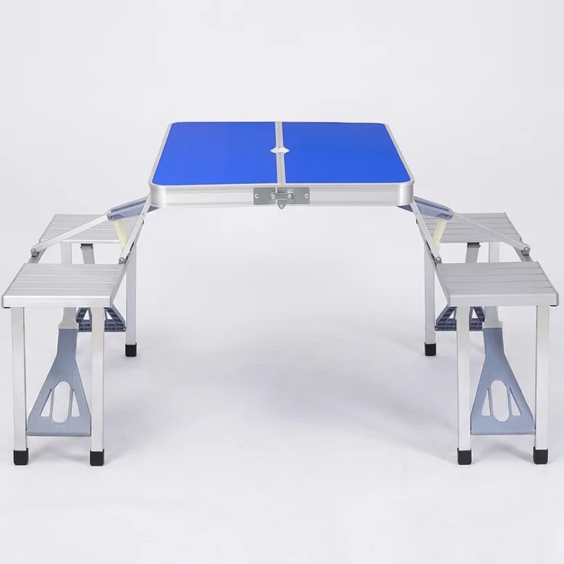 Masa Pliabila Camping cu Scaune Incorporate Set Aluminiu 4 Persoane, Blat HDF (2) Masa Pliabila Camping cu Scaune Incorporate Set