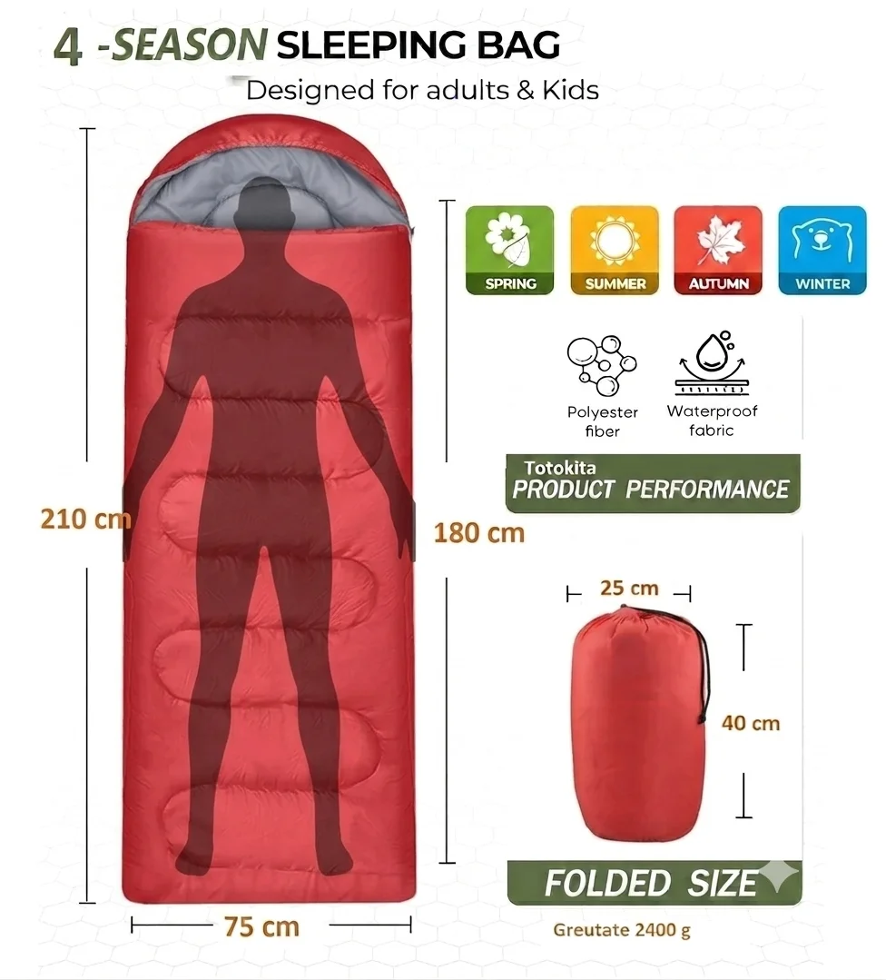 Sac de dormit 0 grade plapuma 4 sezoane camping drumetii 2400g rosu complet Totokita (3) Sac de dormit 0 grade