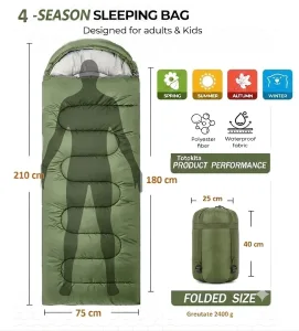 Sac de dormit iarna 4 sezoane plapuma 2400g drumetii camping verde complet Totokita