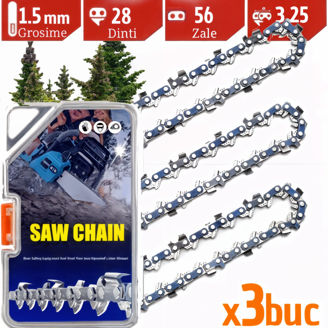enhanced_28 dinti pas 3-25 canal 1-5mm zale 56 Set 3 Lanțuri Drujbă 28 Dinți Pas 3/8
