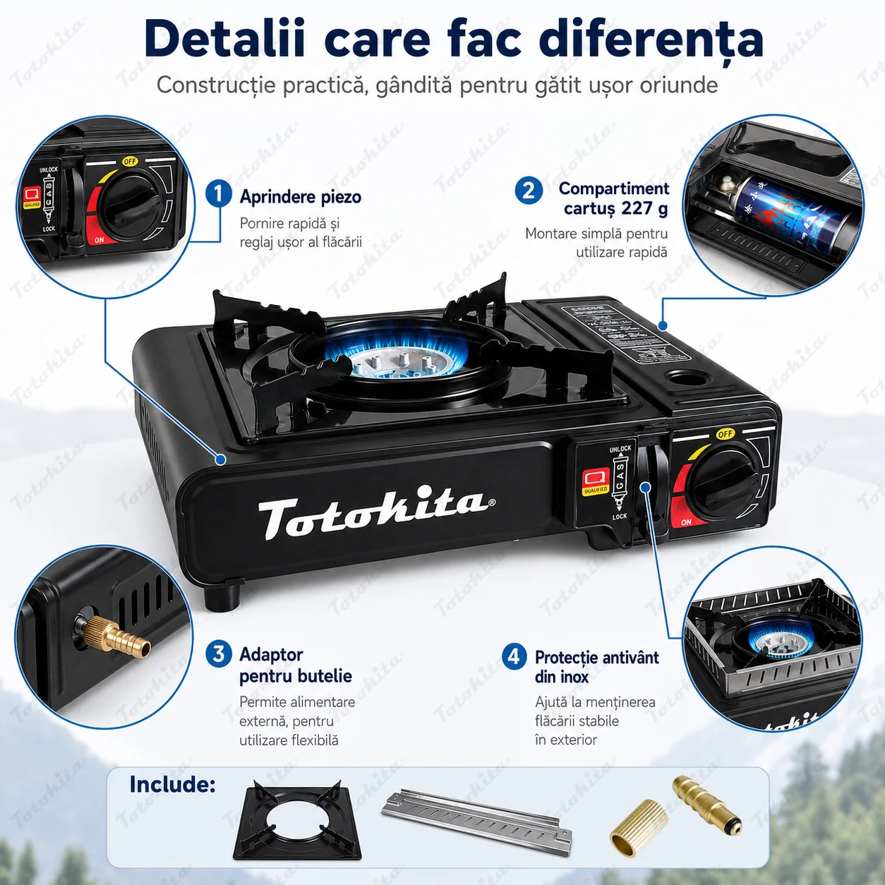 Aragaz Camping Alimentare Duală Butelie Cartus rezerva Protecție Vânt cu 4 Cartușe Incluse Totokita (6) aragaz camping totokita eficient alimentare duala 2.4kw inox