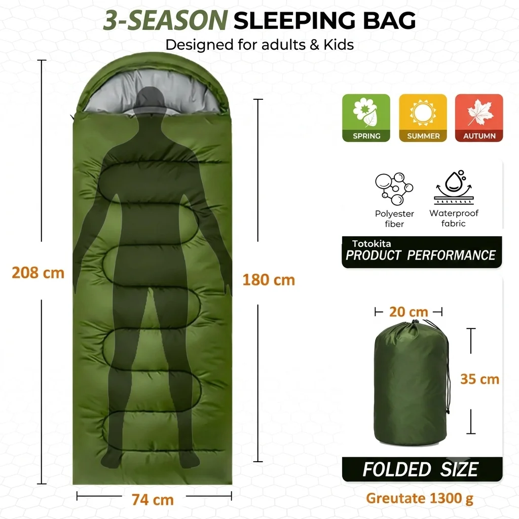 Sac de dormit 3 anotimpuri verde 1300g patura 2 in 1 camping Totokita (5) Sac de dormit 3 anotimpuri verde 1300g patura 2 in 1 camping