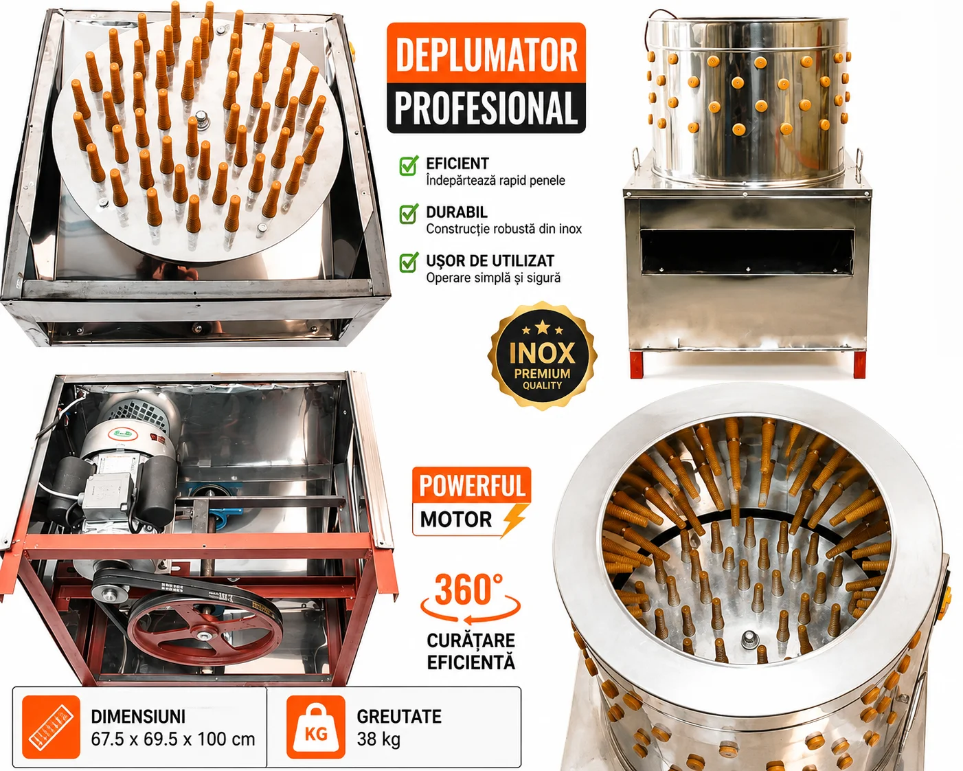 Deplumator pasari inox Diametru interior 50 cm 1500W d 3 4 pasari 30s (4) Deplumator pasari inox