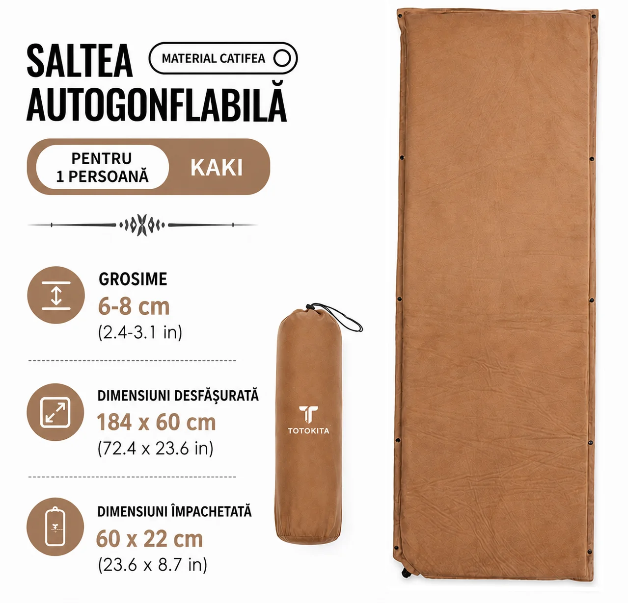 Saltea gonflabila 1 persoana cu auto umflare totokita camping diponibila 3 culori albastru rosu kaki (1) Saltea gonflabila 1 persoana cu auto umflare