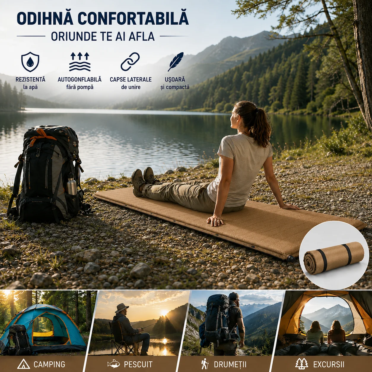 Saltea gonflabila 1 persoana cu auto umflare totokita camping diponibila 3 culori albastru rosu kaki (13) Saltea gonflabila 1 persoana cu auto umflare