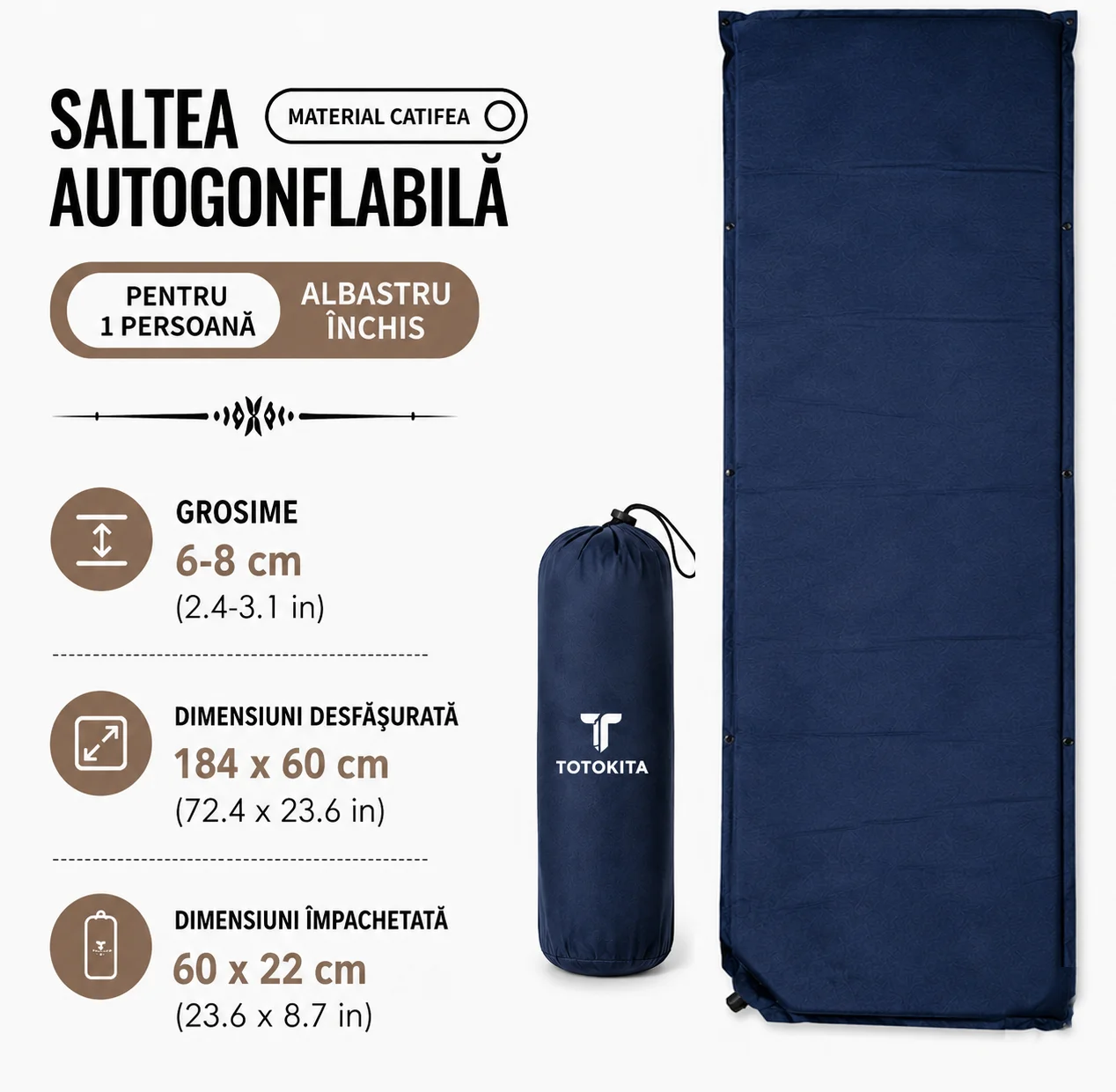 Saltea gonflabila 1 persoana cu auto umflare totokita camping diponibila 3 culori albastru rosu kaki (2) Saltea gonflabila 1 persoana cu auto umflare