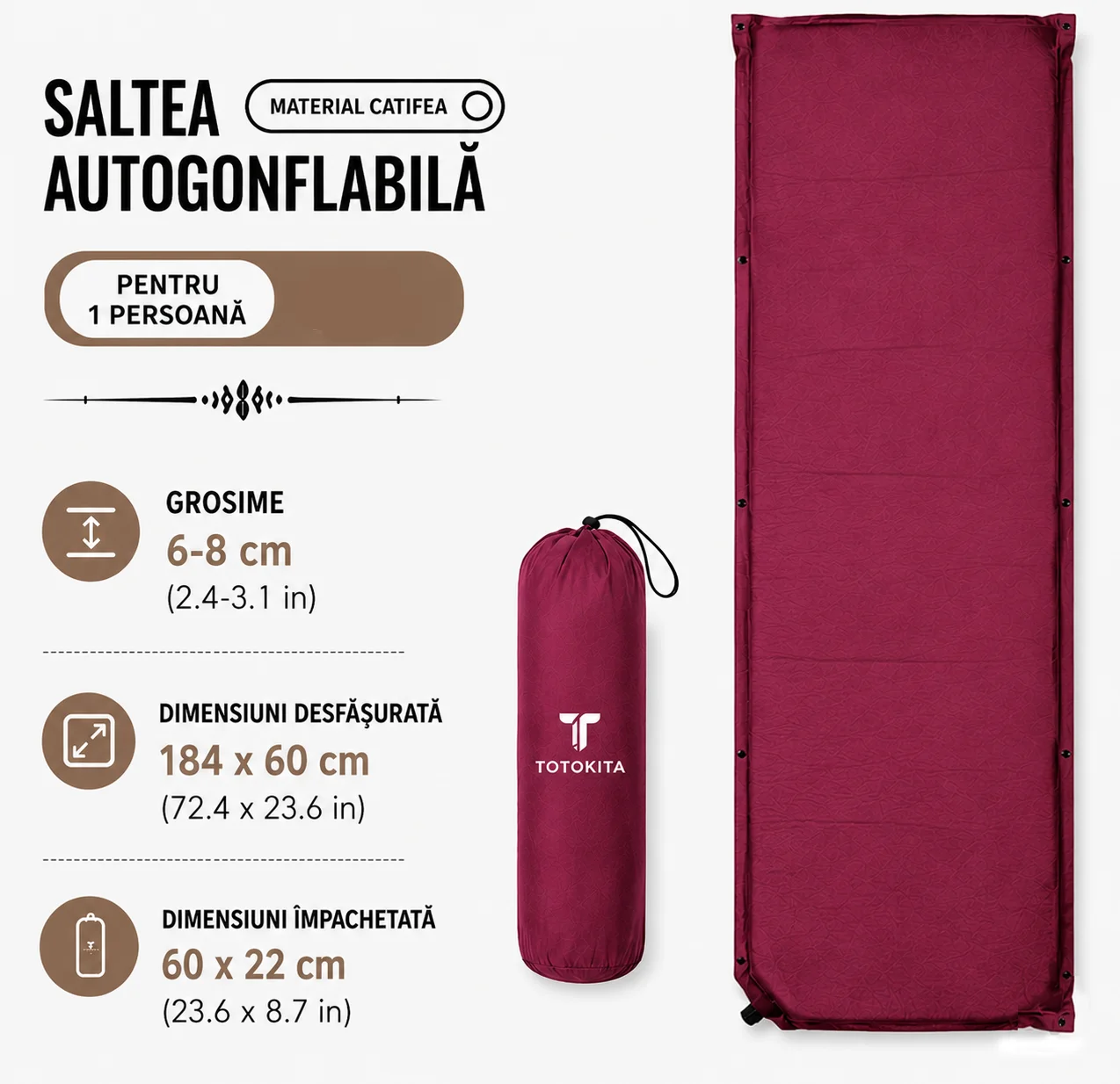 Saltea gonflabila 1 persoana cu auto umflare totokita camping diponibila 3 culori albastru rosu kaki (3) Saltea gonflabila 1 persoana cu auto umflare