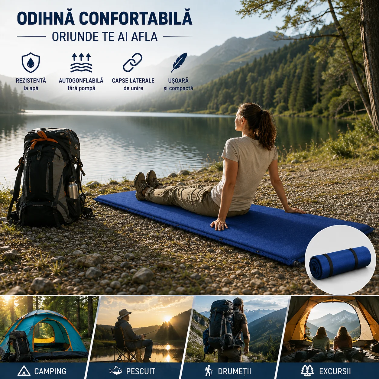 Saltea gonflabila 1 persoana cu auto umflare totokita camping diponibila 3 culori albastru rosu kaki (5) Saltea gonflabila 1 persoana cu auto umflare