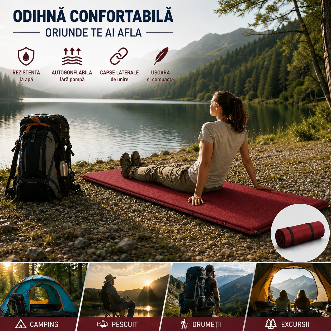 Saltea gonflabila 1 persoana cu auto umflare totokita camping diponibila 3 culori albastru rosu kaki (8) Saltea gonflabila 1 persoana cu auto umflare
