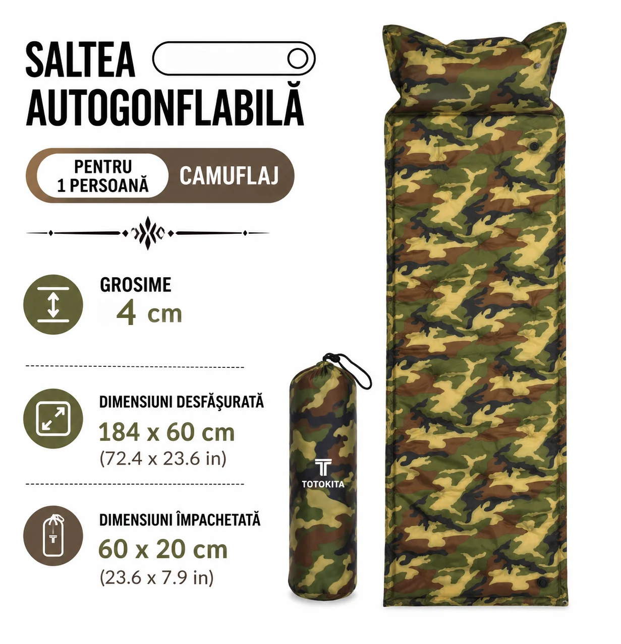 Saltea gonflabila autogonflabila cu perna 184×60 cm camuflaj (3) saltea autogonflabila cu perna