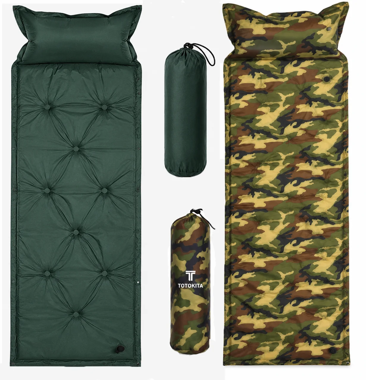 Saltea gonflabila autogonflabila cu perna 184x60 cm camuflaj si verde Saltea gonflabilă cu auto umflare și pernă totokita camping