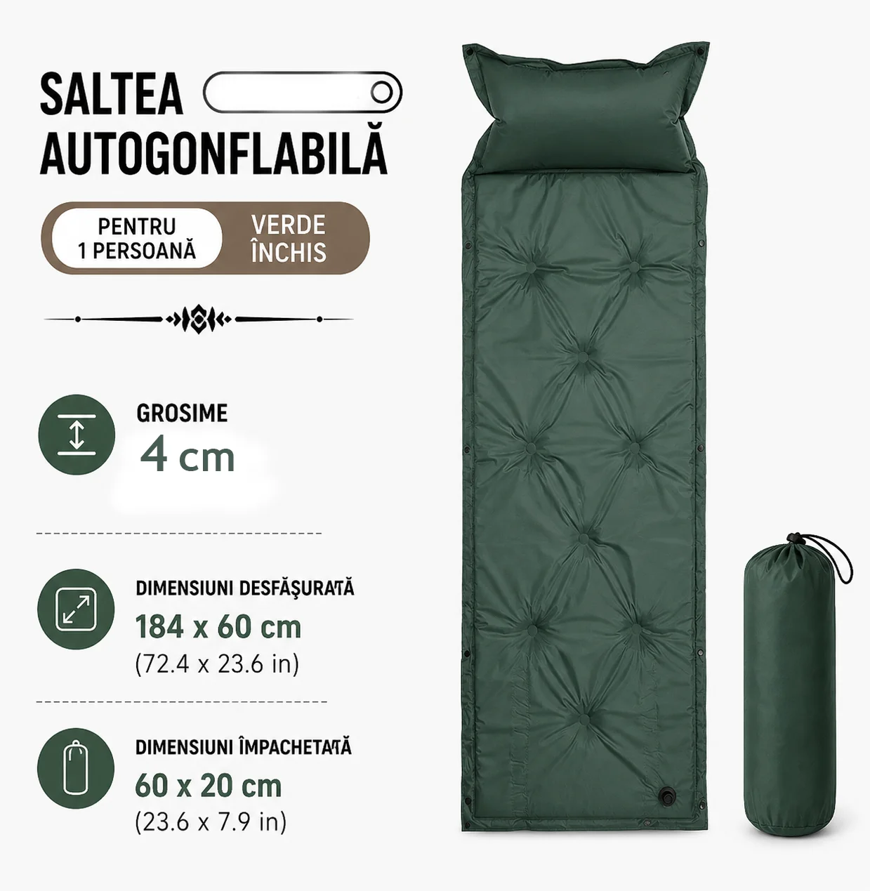 Saltea gonflabilă cu auto-umflare și pernă totokita camping, culoare verde padure (3) saltea autogonflabila cu perna