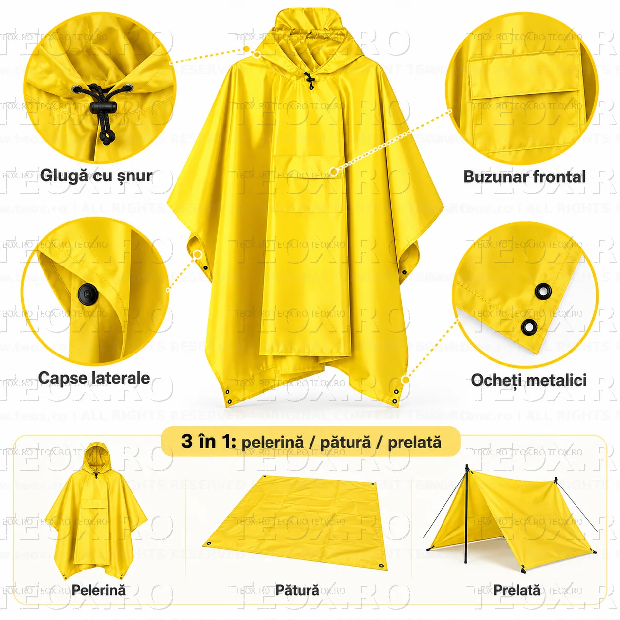 Pelerina impermeabila ploaie galbena (5) Pelerina de ploaie camping galbena impermeabila